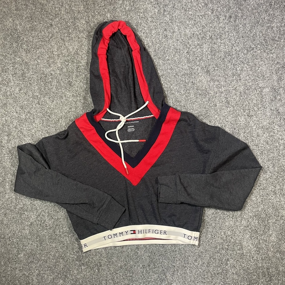 Tommy Hilfiger Cropped Sweater Women's XS  Blue Cropped Pullover Hoodie Spellout